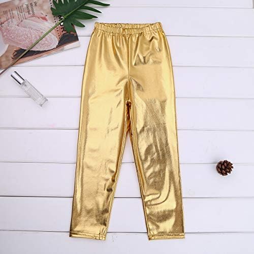 Qinciao ילדים בנות מבריק מתכות נמתחות חותלות טייץ 'מכנסיים ארוכים מכנסיים היפ הופ ג'אז רחוב הריקוד מודרני ללבוש זהב 7-8
