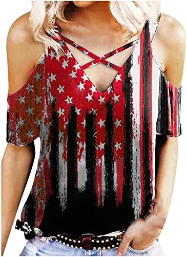 צמרות שולרים קרים לנשים אמריקה דגל הדפסת דגל יום עצמאות טוניקה טוניקה שרוול קצר חולצות קריס נגד חולצות צוואר