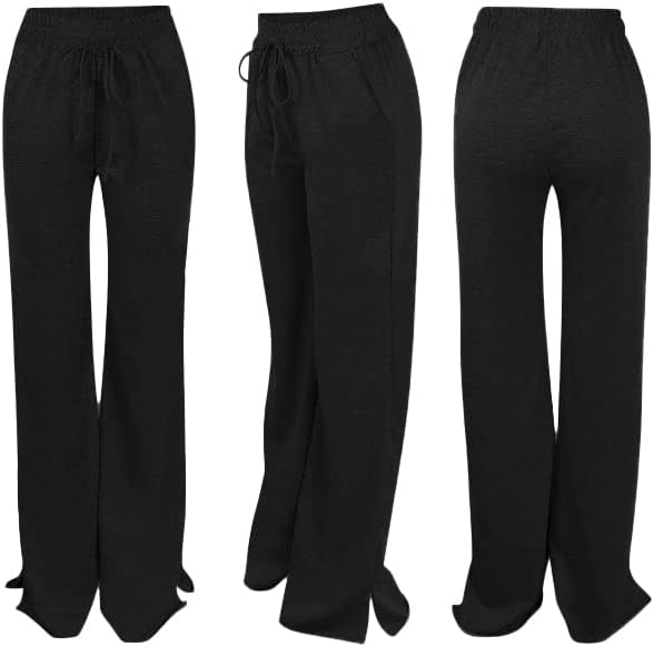 מכנסי התלקחות ברגליים רחבות - מכנסי טרנינג ארוכים לנשים - מכנסי יוגה מגוונים גבוהים שחורים