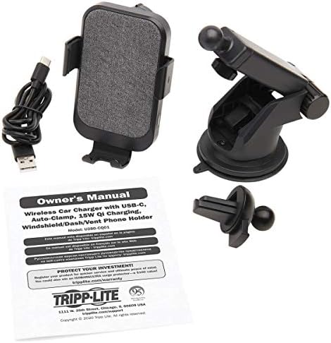 מטען מכוניות אלחוטית Tripp Lite Mount, 15W Qi תואם, USB-C, מחזיק טלפון של Windshield Dash Vent.