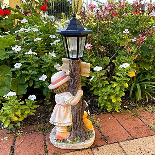 אלוק ילדה גן פסל עם אורות שמש וסימן מבורך 20 אינץ, ילדה פסל לבית גן דשא פטיו