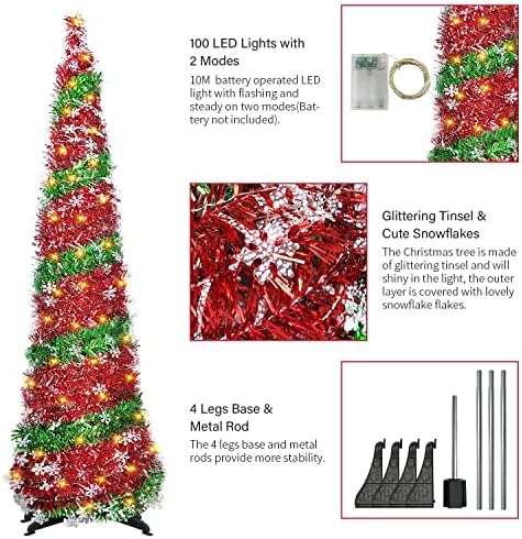 עץ חג המולד של 5ft קופץ עם 100 נורות LED, עץ חג המולד מלאכותי של Tinsel Tinsel עם קישוטי פתית שלג המופעלים 2 מצבים LED אור, קישוטים לחג