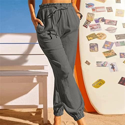מכנסי פשתן כותנה לנשים CHGBMOK מכנסיים המותניים המותניים המותניים עם כיסים מכנסי משקל קל בצבע אחיד מזדמנים מכנסיים