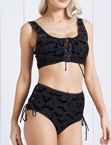 Dressfo Bikini Bikini עם המותניים הגבוהות של הנשים מערכים דו חלקים רטרו מרופדים בקרת בטן וינטג 'בגד ים גותי