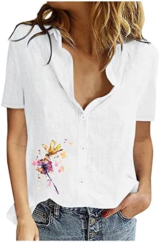 2023 חולצות קיץ לנשים פשתן כותנה צמרות פרפר חמוד טוניקה שרוול קצר טוניקה טוניקה רופפת חולצות דש
