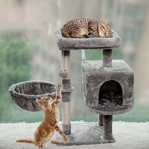 עץ חתול קטן של סיאנדלבי לחתולים פנימיים, מגדל חתול פעילות, דירה עם עמוד גירוד לגורים, מעמד טיפוס עם סל וכדור תלוי למנוחת משחק