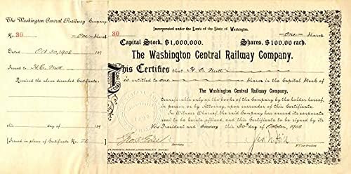 חברת הרכבת המרכזית של וושינגטון. חתום על ידי ג 'יימס נ.היל וג' יו. ה. ארל-תעודת מניות